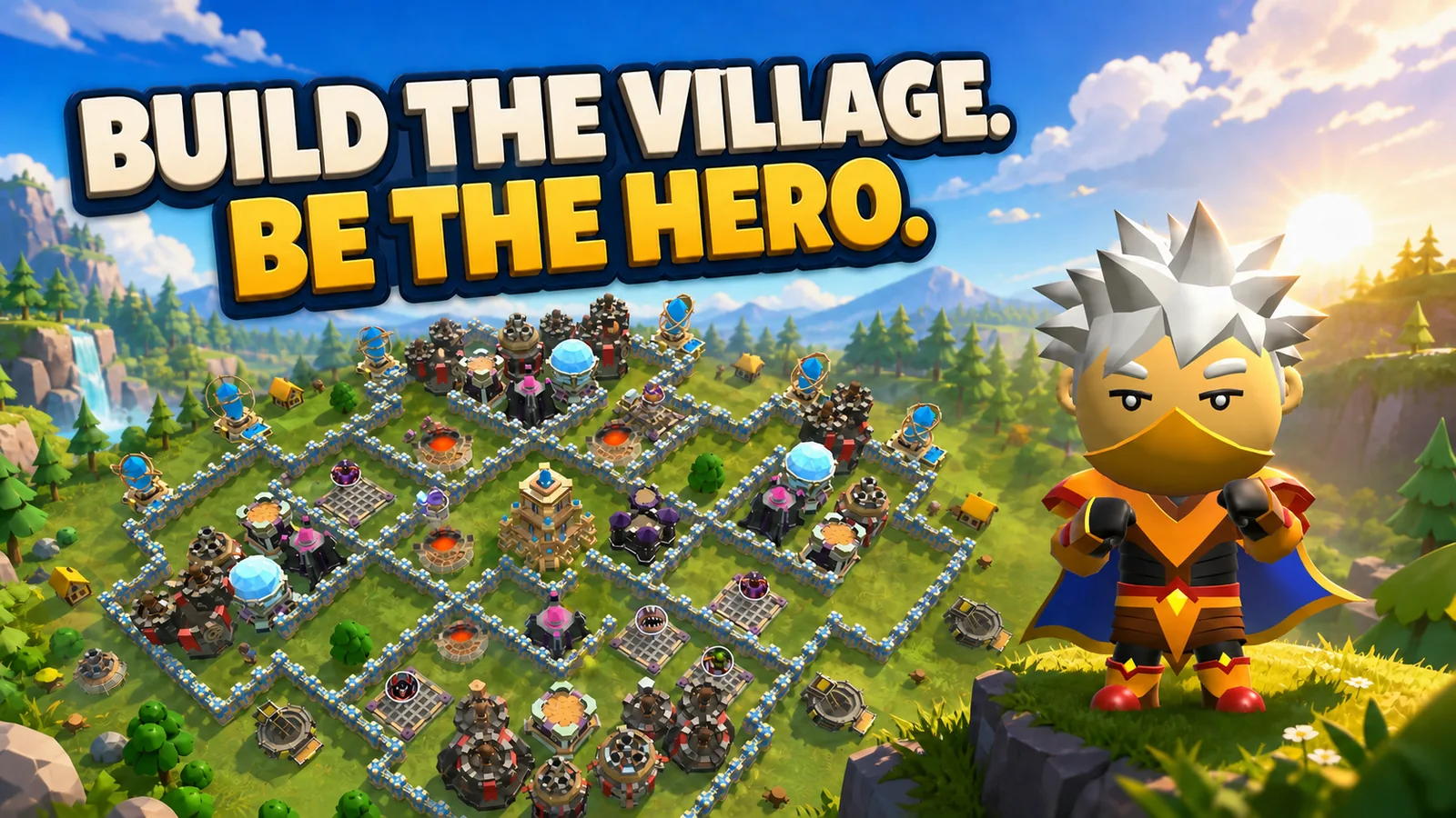 Ryu, the masked white-haired hero, overlooking a fortified village in Crown Raiders.