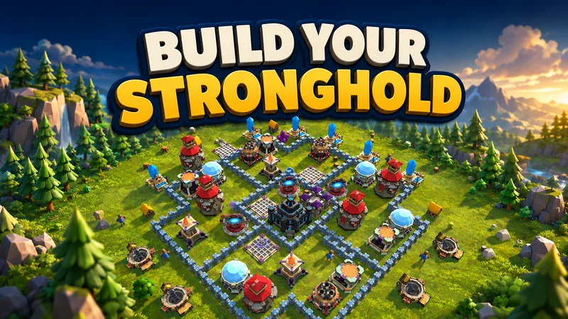 A fortified Crown Raiders village surrounded by walls, towers and defenses.